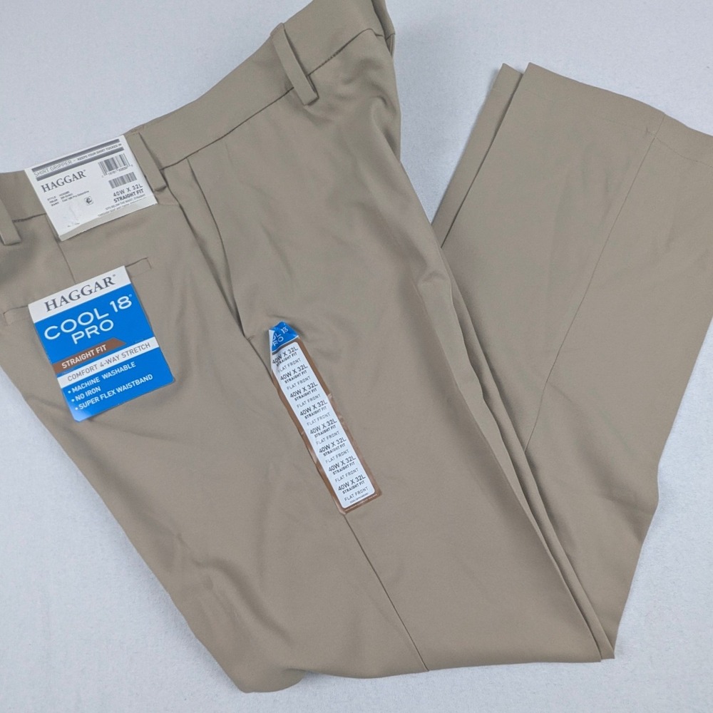 Haggar Cool 18 Pro Mens Khaki Straight Fit Flat Front Pants 40W x 32L HC00285